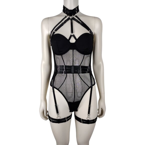 Black Mesh 2 Piece Collard Bodysuit and Strappy Garter Belt Set Sizes S - XL